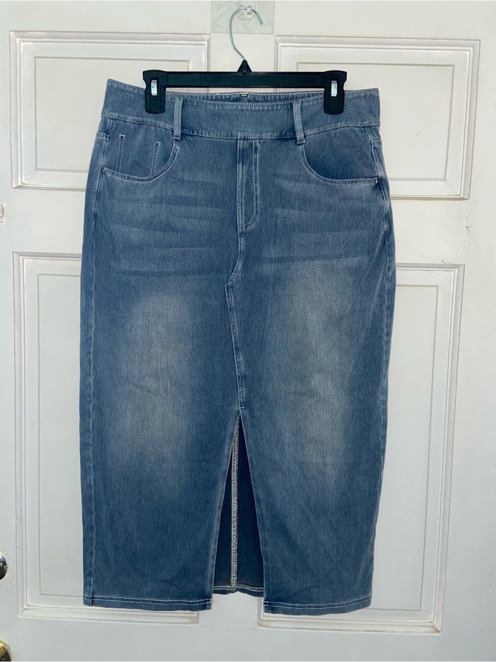 HALARA Blue Denim Midi Pencil Skirt with Front Slit